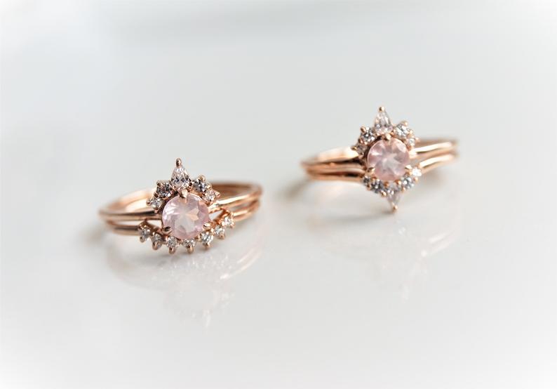 Olivia | 14K Rose Quartz & Diamond Crown Cluster Ring - Emi Conner Jewelry 