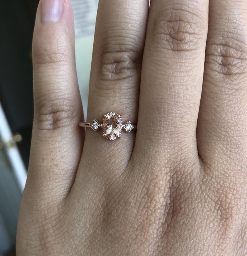 Cara No.1 | Oval Peach Morganite and Diamond Triple Station Ring - Emi Conner Jewelry 