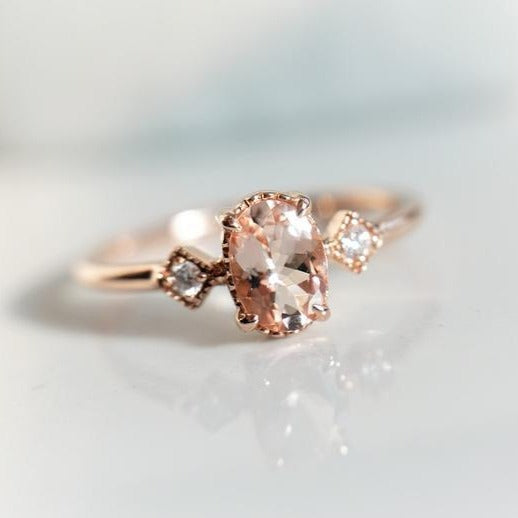 Cara No.1 | Oval Peach Morganite and Diamond Triple Station Ring - Emi Conner Jewelry 