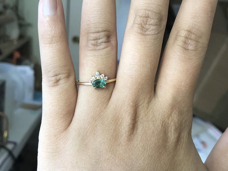 Olina | 14K Natural Oval Emerald & Diamond Ring Crown Ring - Emi Conner Jewelry 