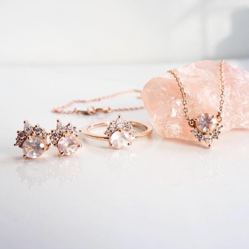 Olivia | 14K Rose Quartz & Diamond Crown Pendant Necklace - Emi Conner Jewelry 