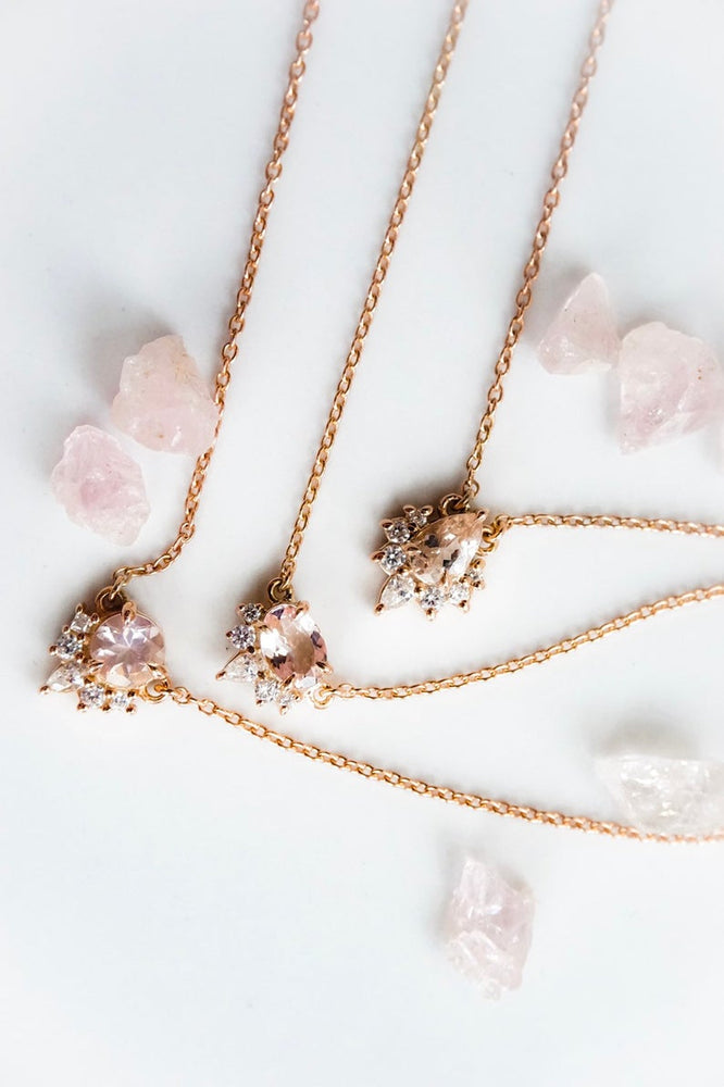 Ophelia | 14K Pear Morganite & Diamond Floating Crown Pendant Necklace - Emi Conner Jewelry 