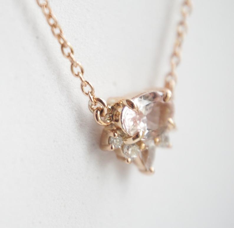 Olina | 14K Morganite & Diamond Floating Crown Pendant Necklace - Emi Conner Jewelry 