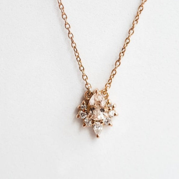 Ophelia | 14K Pear Morganite & Diamond Floating Crown Pendant Necklace - Emi Conner Jewelry 