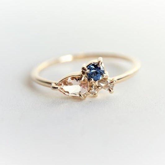 Bella | 14K Pear Morganite & Blue Sapphire Mini Cluster ring - Emi Conner Jewelry 