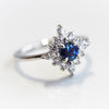 Skylar | 14K Blue Sapphire & Diamond Snowflake Halo Ring - Emi Conner Jewelry 