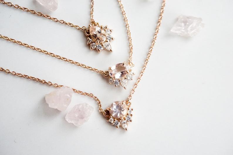 Olivia | 14K Rose Quartz & Diamond Crown Pendant Necklace - Emi Conner Jewelry 
