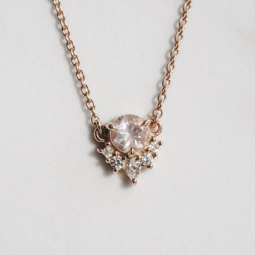 Olivia | 14K Rose Quartz & Diamond Crown Pendant Necklace - Emi Conner Jewelry 