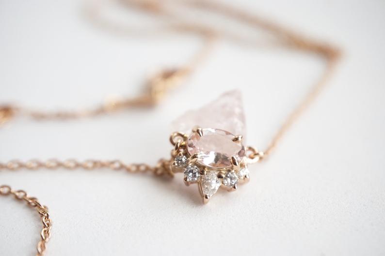 Olina | 14K Morganite & Diamond Floating Crown Pendant Necklace - Emi Conner Jewelry 