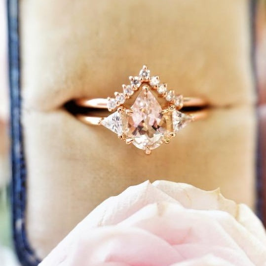 Alexis | Pear Morganite & Triangle Moissanite Ring - Emi Conner Jewelry 