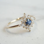Skylar | 14K Blue Sapphire & Diamond Snowflake Halo Ring - Emi Conner Jewelry 