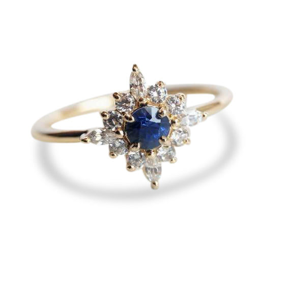 Skylar | 14K Blue Sapphire & Diamond Snowflake Halo Ring - Emi Conner Jewelry 