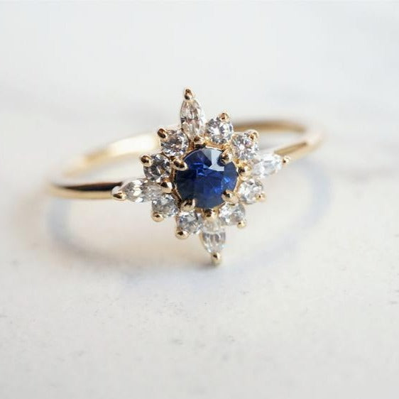 Skylar | 14K Blue Sapphire & Diamond Snowflake Halo Ring - Emi Conner Jewelry 