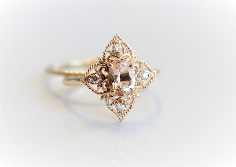 Elizabeth | 14K Peach Pink Morganite & Diamond Filigree Ring - Emi Conner Jewelry 