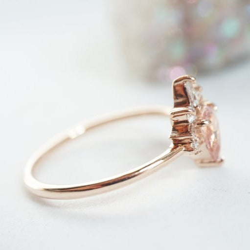 Ophelia | 14K Pear Peach Pink Morganite Crown Promise Ring - Emi Conner Jewelry 