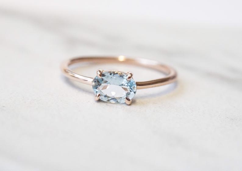 EVA | 14K 0.7 ct. Oval Aquamarine East West Solitaire Ring - Emi Conner Jewelry 