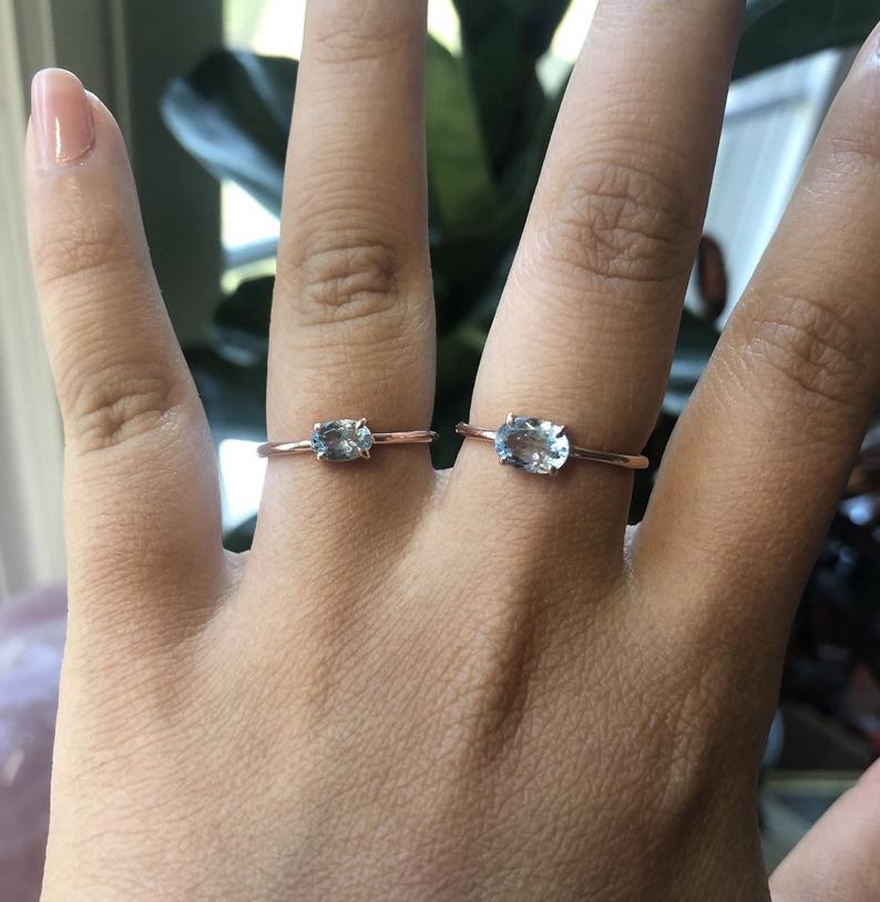 EVA | 14K 0.7 ct. Oval Aquamarine East West Solitaire Ring - Emi Conner Jewelry 