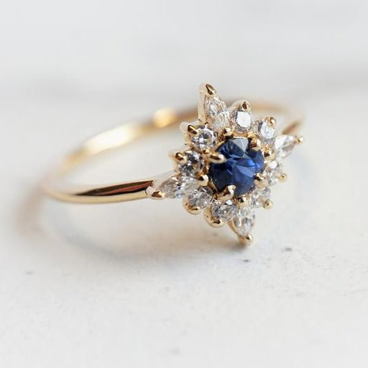 Skylar | 14K Blue Sapphire & Diamond Snowflake Halo Ring - Emi Conner Jewelry 