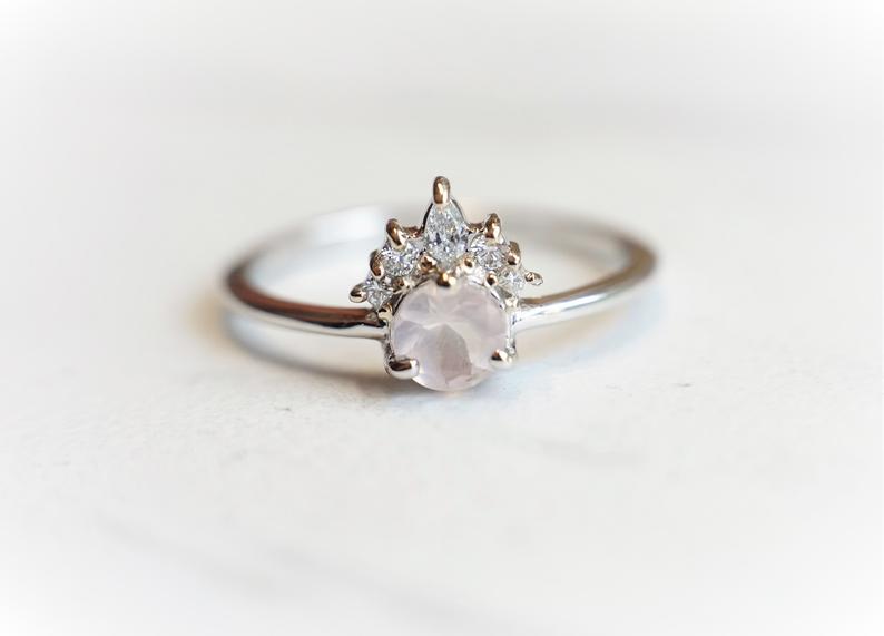 Olivia | 14K Rose Quartz & Diamond Crown Cluster Ring - Emi Conner Jewelry 