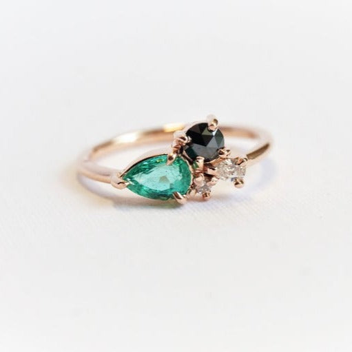 Bella | 14K Emerald & Black Diamond Mini Cluster Ring - Emi Conner Jewelry 
