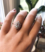 Lana | 14K Oval Aquamarine & Diamond Fancy Halo Luxury Ring - Emi Conner Jewelry 