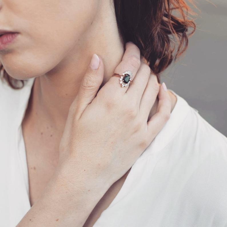 Ophelia XL | 14K Pear Black Onyx & CZ Crown Ring - Emi Conner Jewelry 