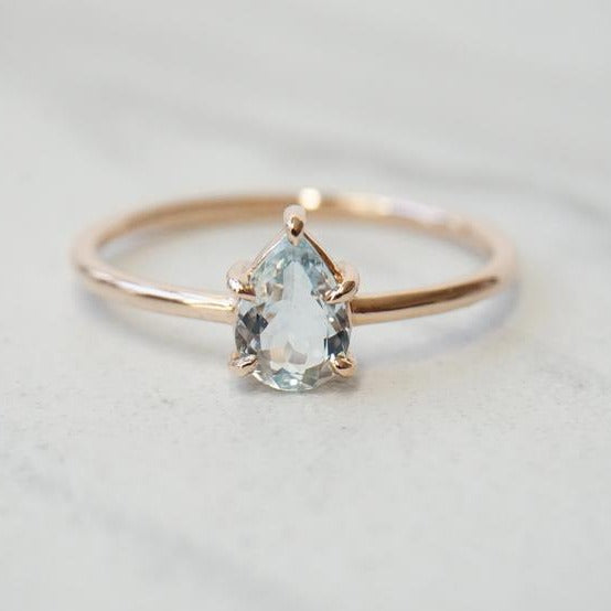 EVA | 14K Pear Aquamarine Five-Prong Solitaire Ring - Emi Conner Jewelry 
