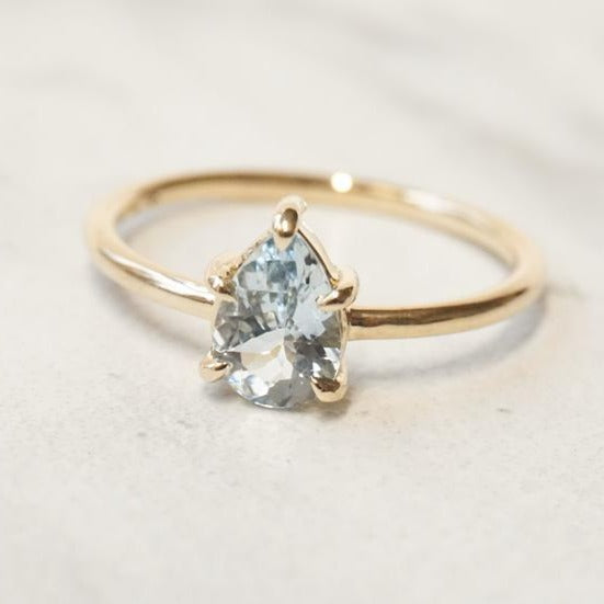 EVA | 14K Pear Aquamarine Five-Prong Solitaire Ring - Emi Conner Jewelry 