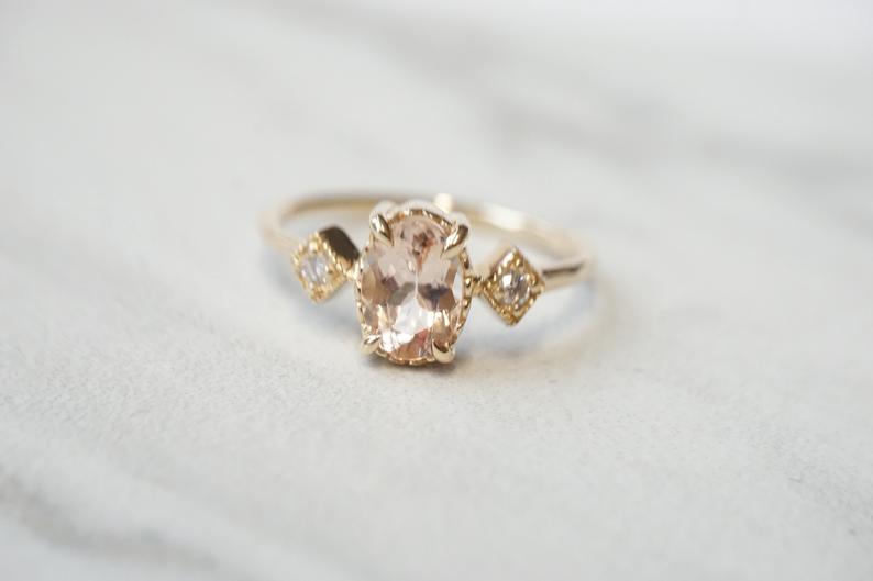 Cara No.1 | Oval Peach Morganite and Diamond Triple Station Ring - Emi Conner Jewelry 