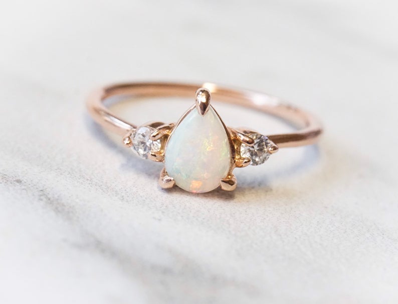 EVA | 14K Side Stone Pear Australian Opal & Diamond Ring - Emi Conner Jewelry 