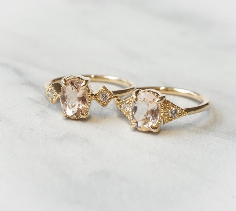 Cara No.1 | Oval Peach Morganite and Diamond Triple Station Ring - Emi Conner Jewelry 