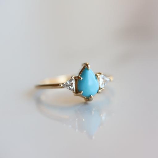 Alexis l Pear Turquoise & Triangle Moissanite Ring - Emi Conner Jewelry 