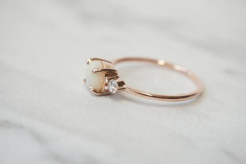 EVA | 14K Side Stone Round Australian Opal & Diamond Ring - Emi Conner Jewelry 
