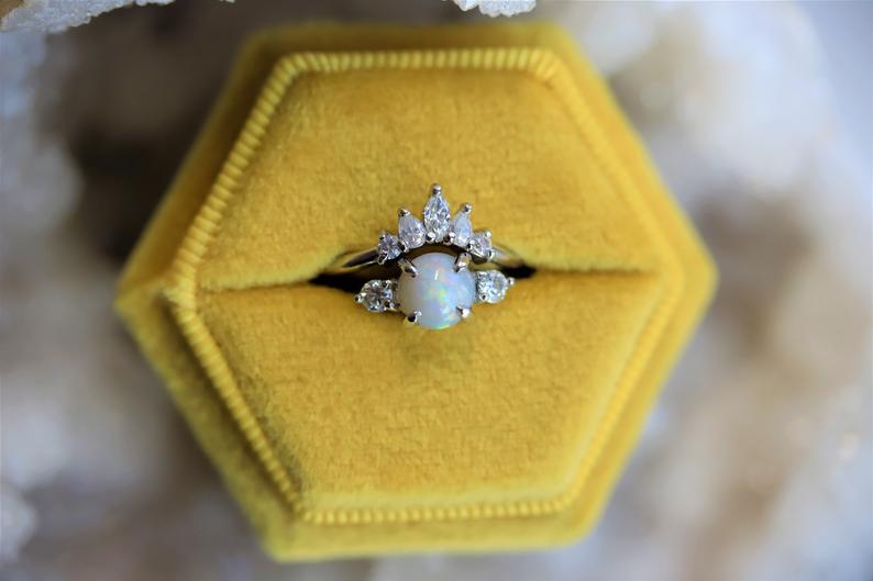 EVA | 14K Side Stone Round Australian Opal & Diamond Ring - Emi Conner Jewelry 