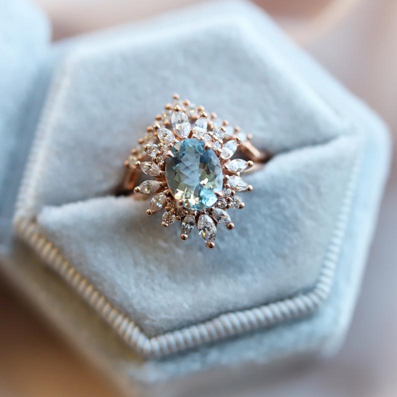 Lana | 14K Oval Aquamarine & Diamond Fancy Halo Luxury Ring - Emi Conner Jewelry 