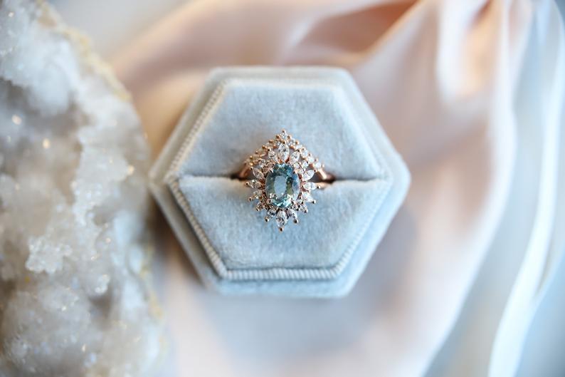 Lana | 14K Oval Aquamarine & Diamond Fancy Halo Luxury Ring - Emi Conner Jewelry 