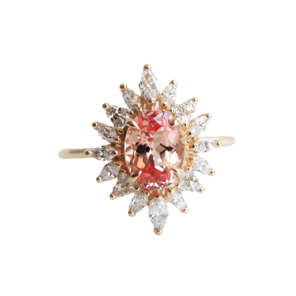 Lana | 14K Oval Chatham Lab Created Champagne Sapphire & Diamond Fancy Halo Ring - Emi Conner Jewelry 