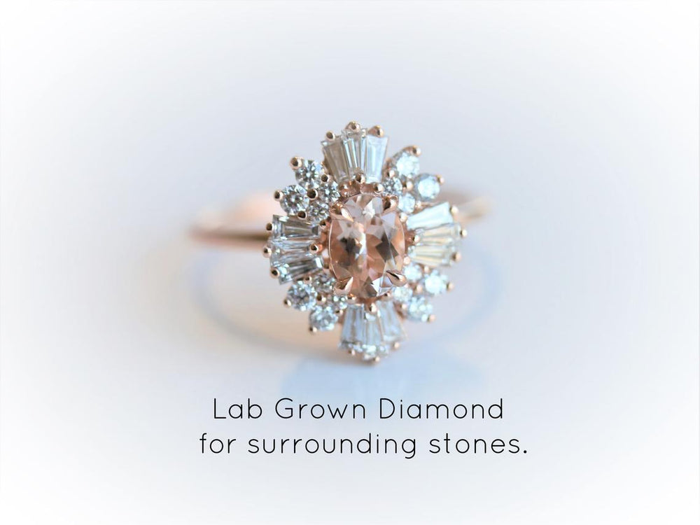 Victoria | 14K Morganite & Diamond Fancy Halo Luxury Ring - Emi Conner Jewelry 